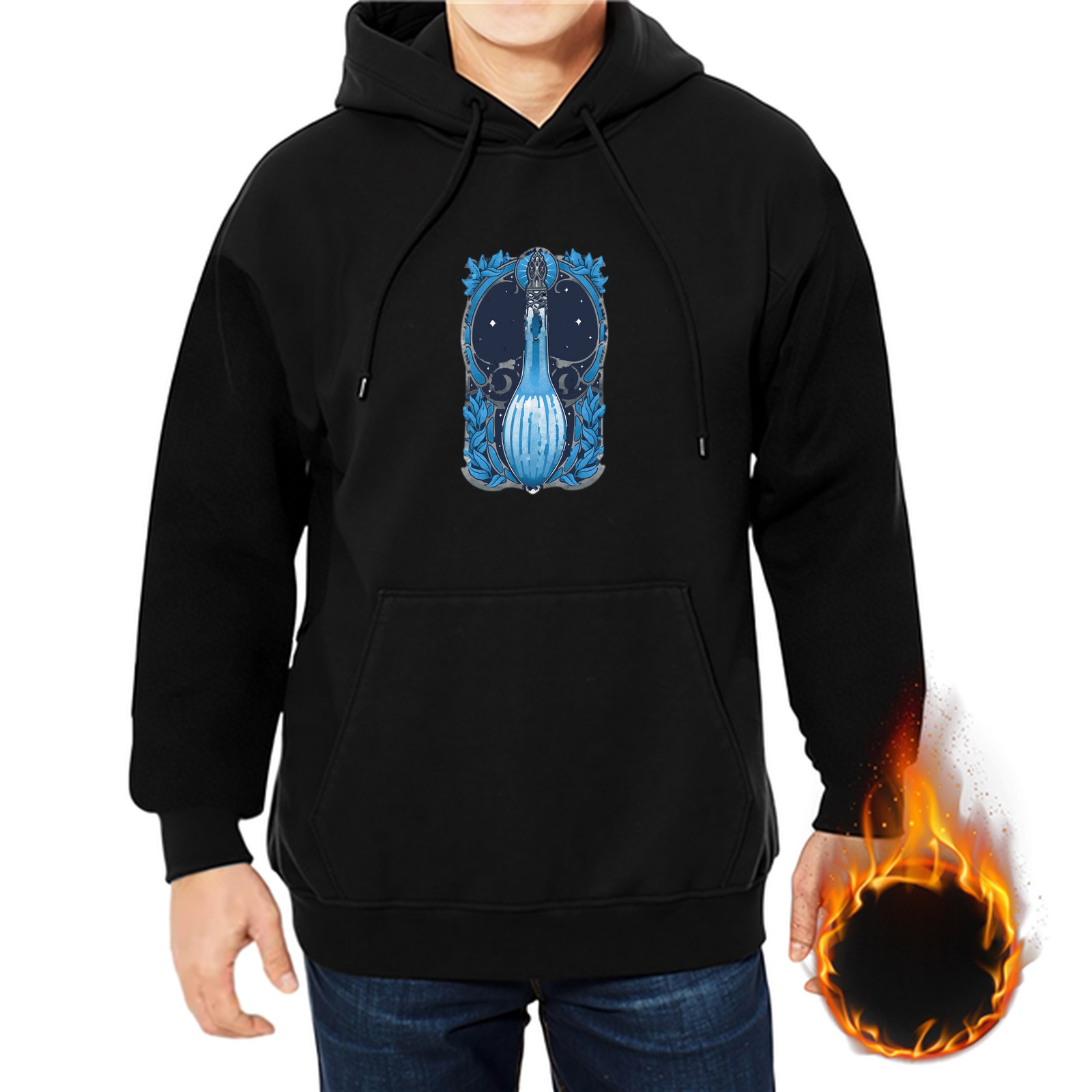 Black hoodie with blue magical potion bottle graphic