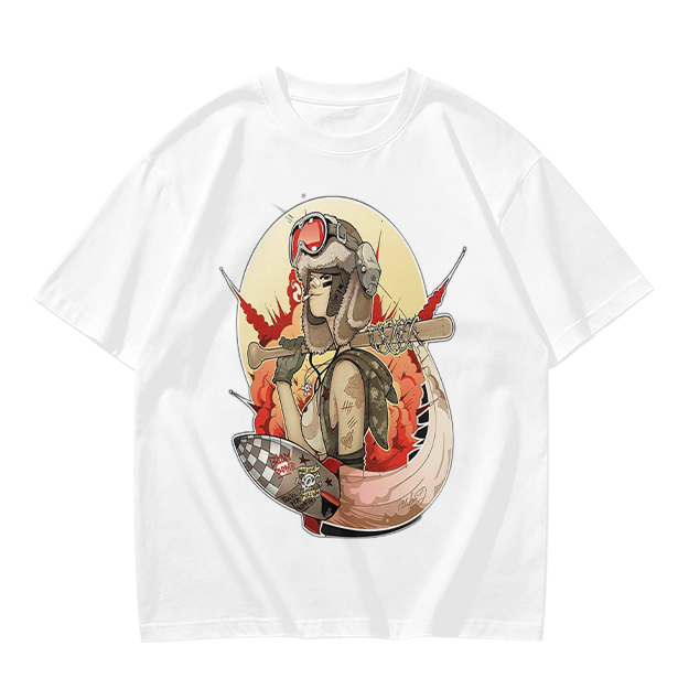 Olive T-Shirt with Retro Military Pilot Girl Graphic Print