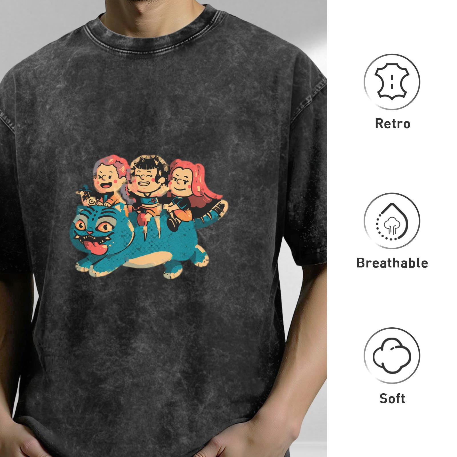 Oversized acid wash t-shirt with cartoon kids riding a blue cat graphic