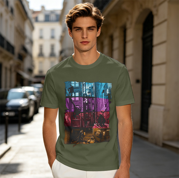 Olive T-Shirt With Vibrant Neon City Alley Graphic Print