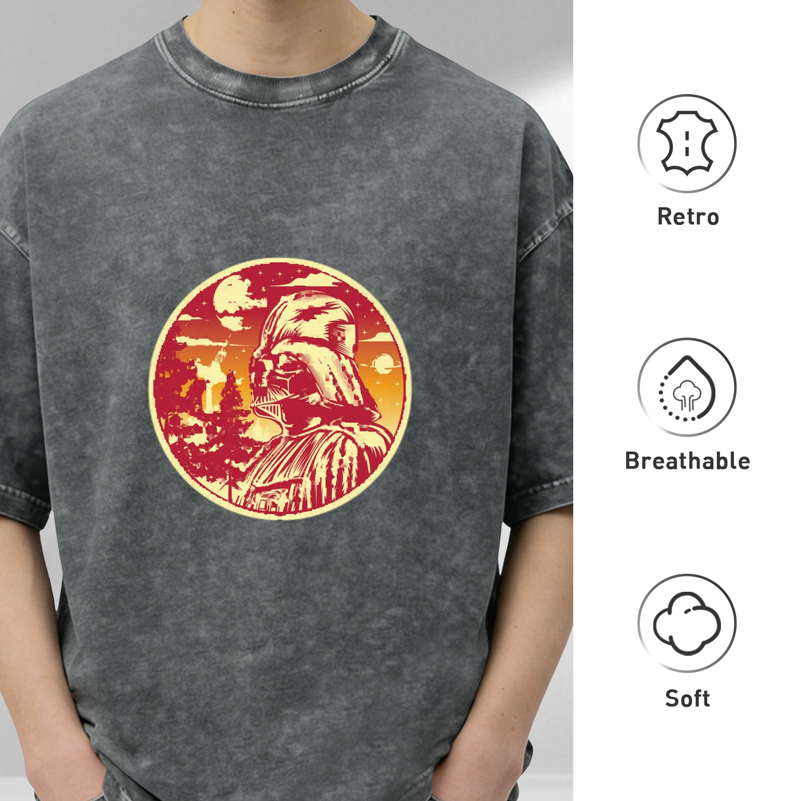 Oversized Dark Wash T-Shirt With Star Wars Darth Vader Sunset Print