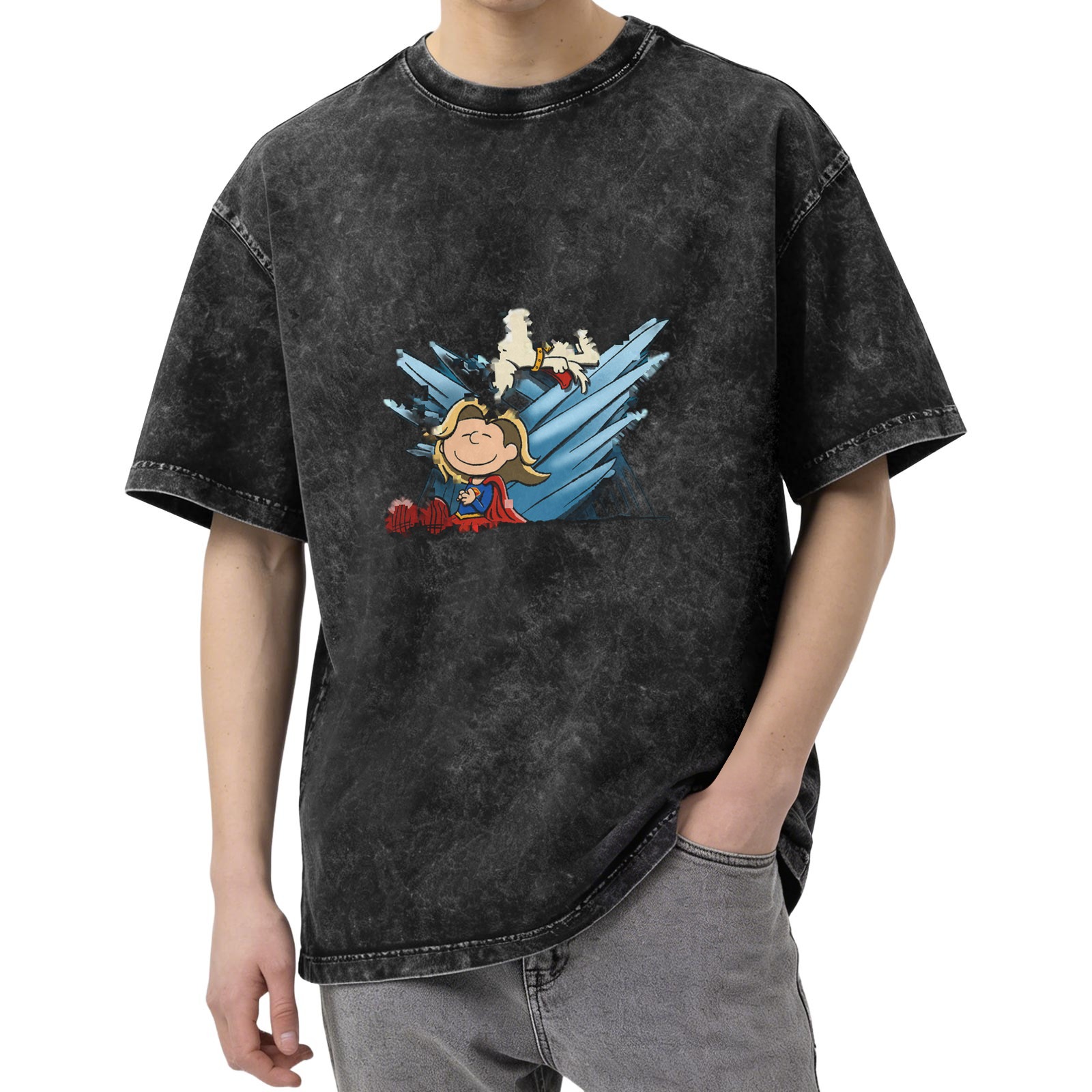 Washed black graphic t-shirt with Peanuts style superhero print