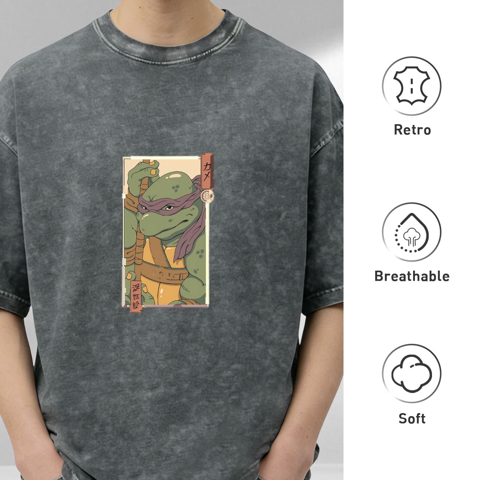 Washed Black Oversized T-Shirt with Purple Mask Ninja Turtle Graphic
