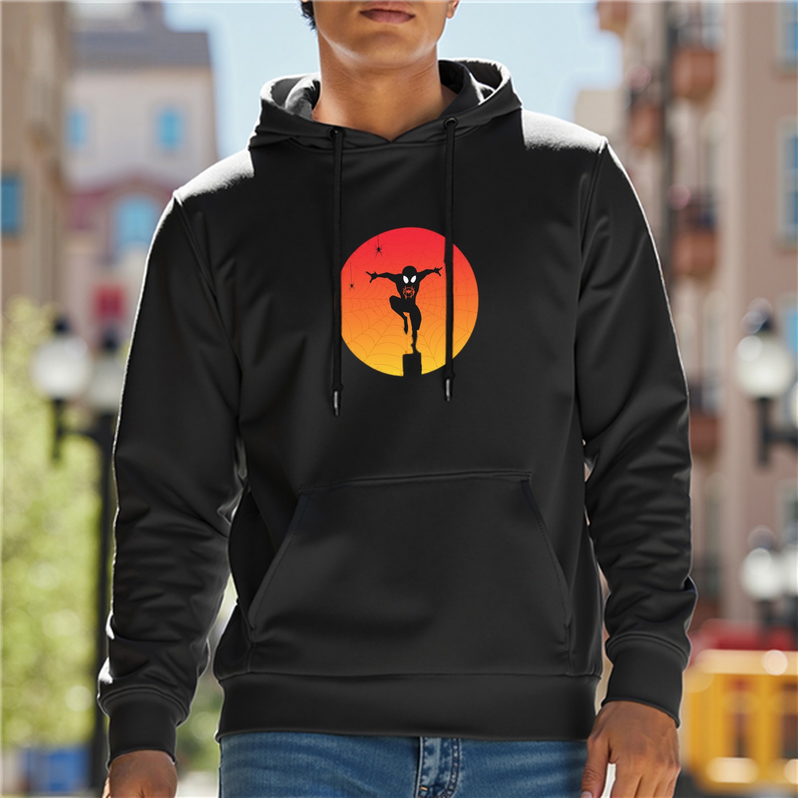 Black Hoodie With Spider Hero Sunset Silhouette Graphic