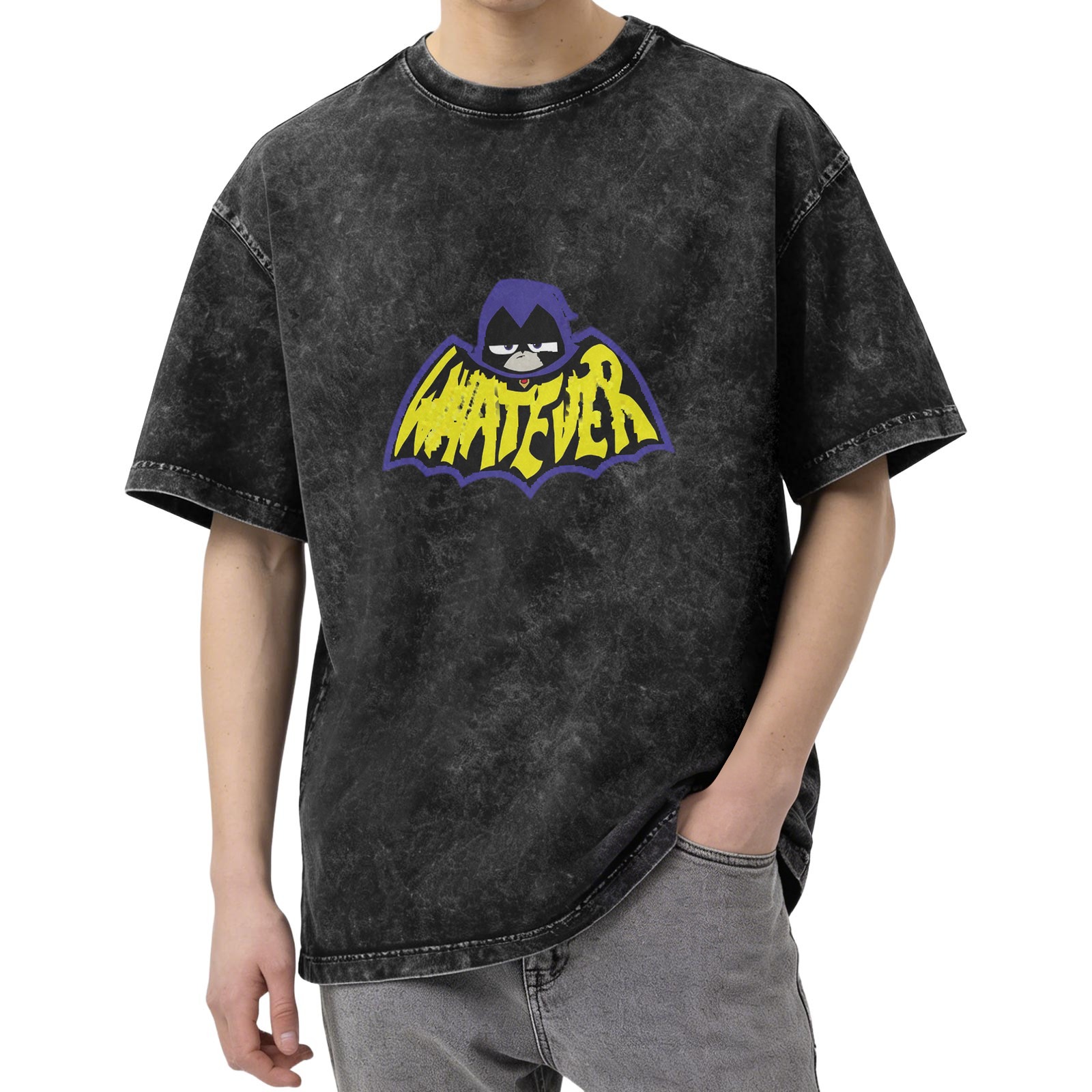 Teen Titans Raven Whatever Bat Logo Acid Wash Black T-Shirt