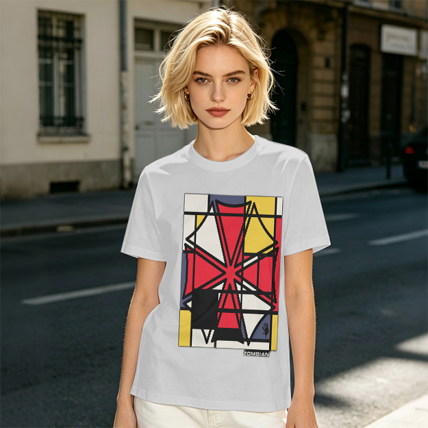 Olive T-Shirt with Mondrian-style Geometric Abstract Graphic Print