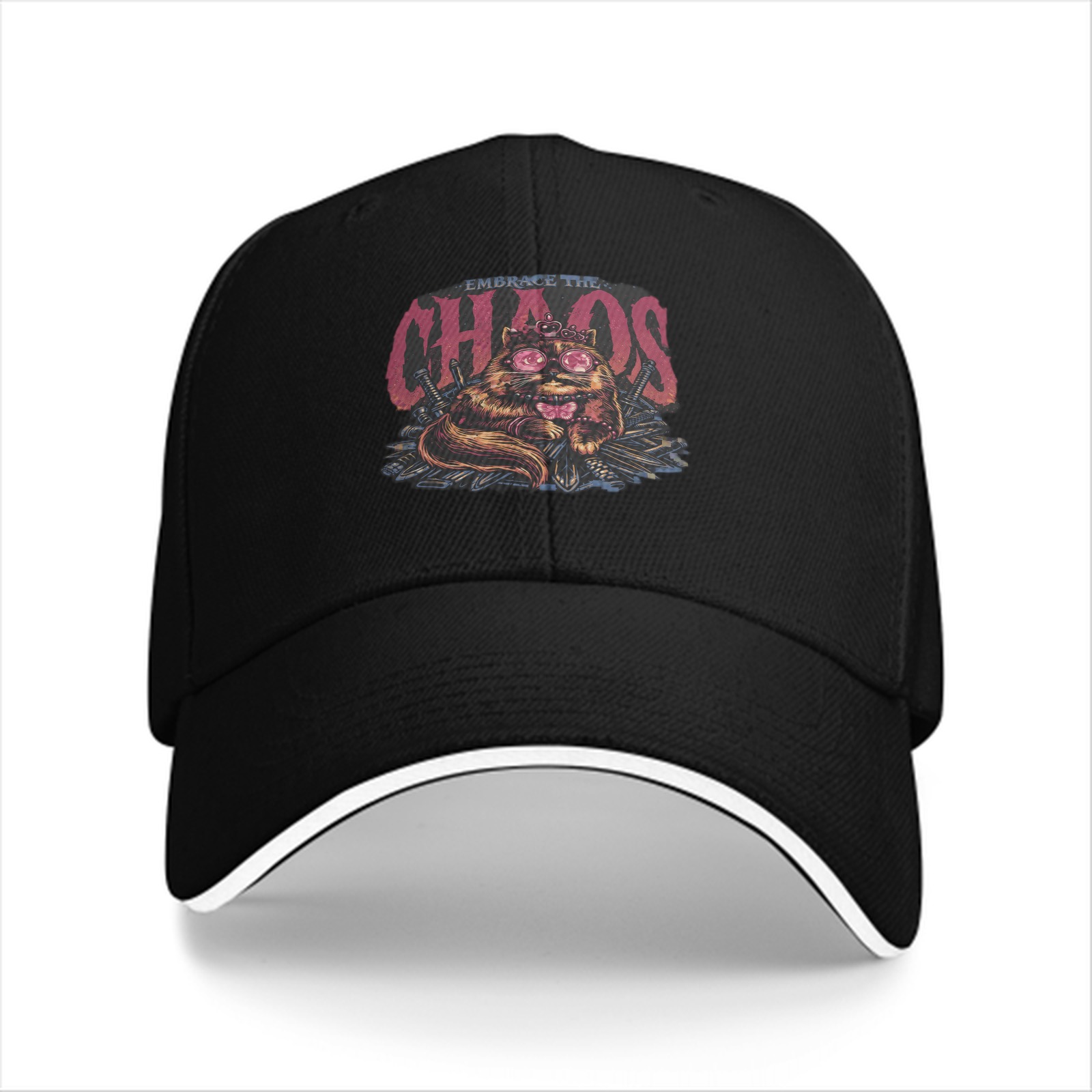 Black Baseball Cap With Embrace The Chaos Cat Graphic