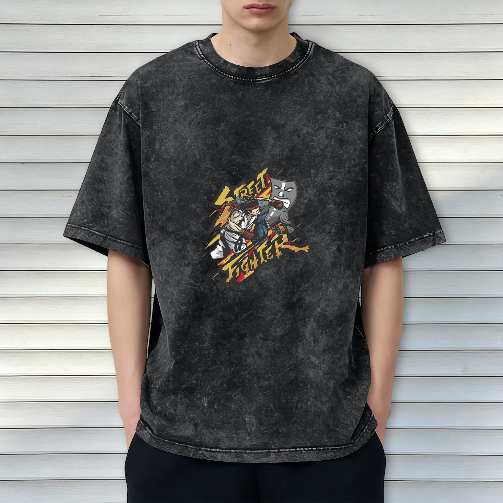 Oversized Stonewashed Black T-Shirt With Street Fighter Graphic Print