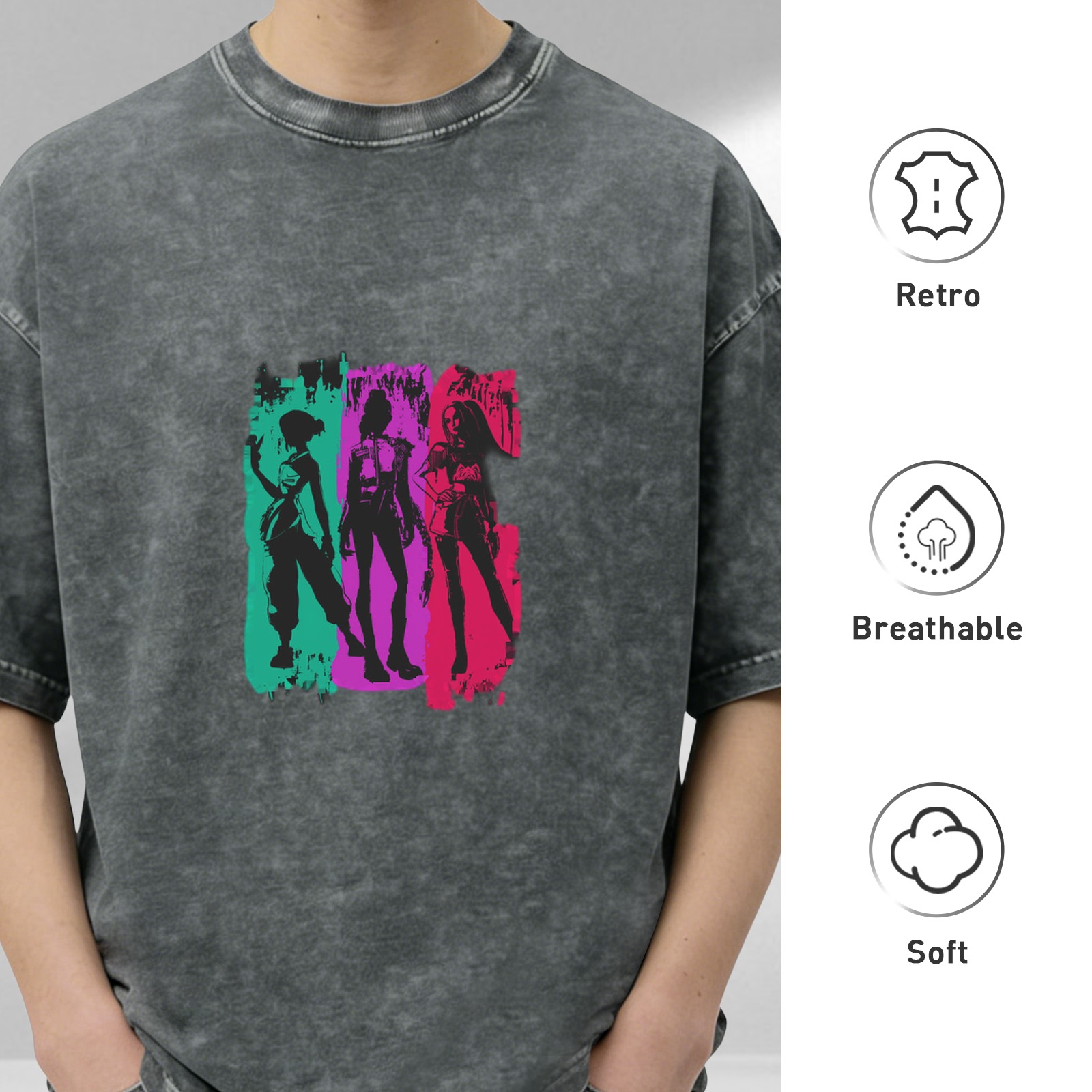 Washed Black T-Shirt with Neon Three Female Silhouette Print