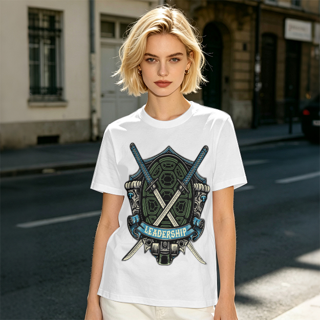 Olive T-Shirt with Ninja Turtle Leadership Katana Crest Print