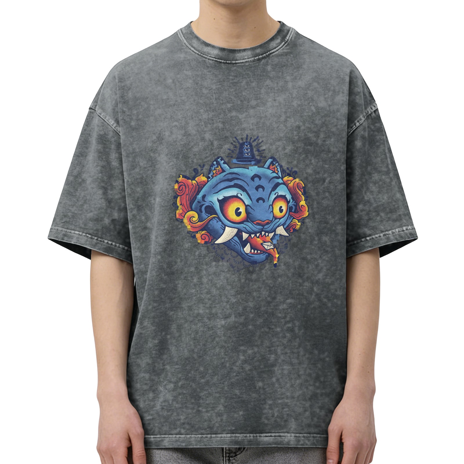 Oversized Acid Wash T-Shirt With Blue Mythical Cat Graphic