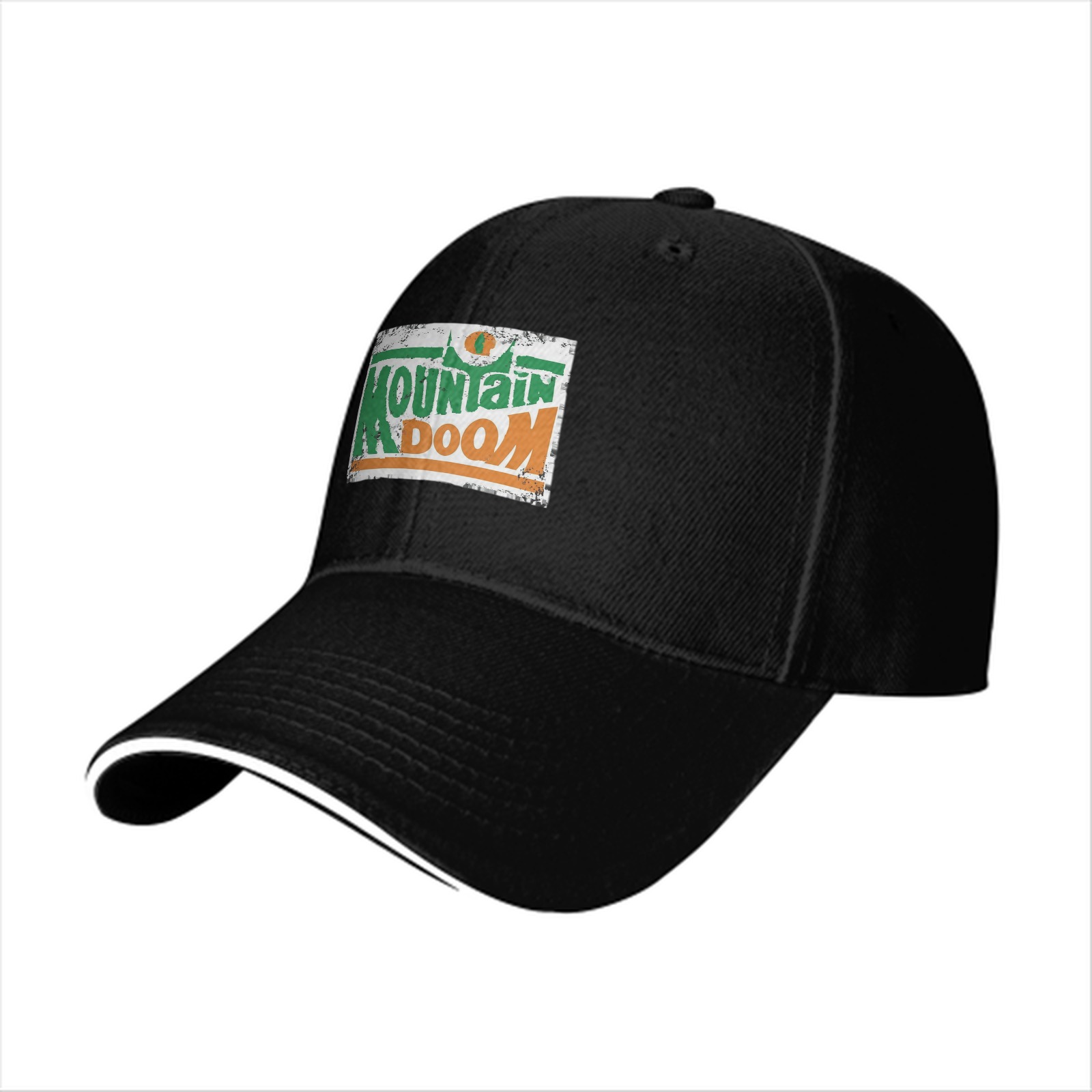 Black baseball cap with Mountain Doom distressed graphic print