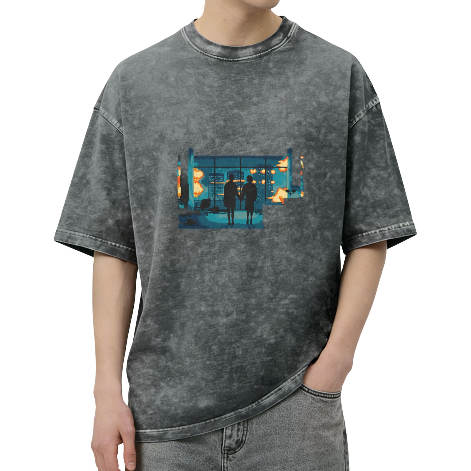 Distressed washed black short-sleeved T-shirt with pixel style explosion scene pattern of people holding hands printed on the back, loose fit
