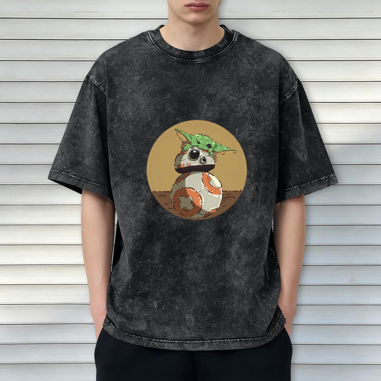 Star Wars Baby Yoda and BB-8 Graphic Washed Black T-Shirt
