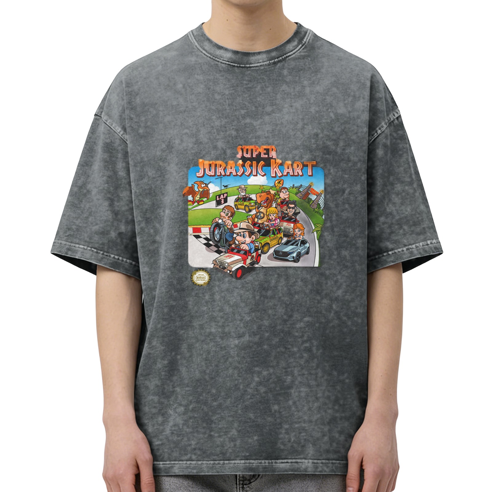 Super Jurassic Kart retro washed distressed printed short-sleeved T-shirt men's loose casual top
