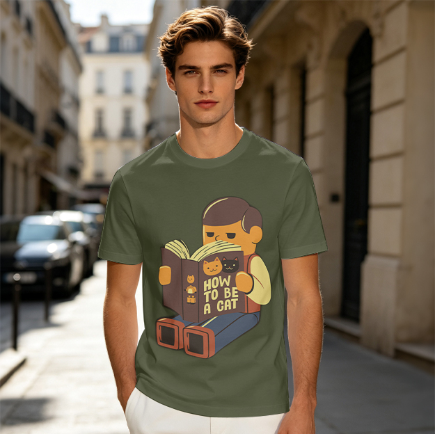 Olive t-shirt with cartoon figure reading How To Be A Cat book