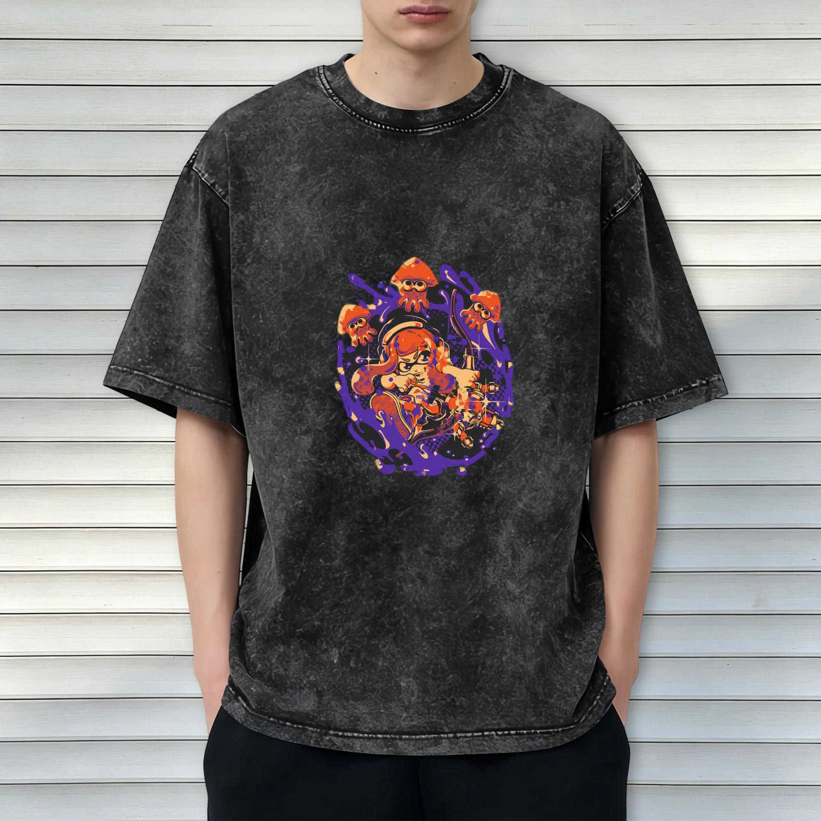 Washed black graphic t-shirt with Splatoon style inkling and squid design