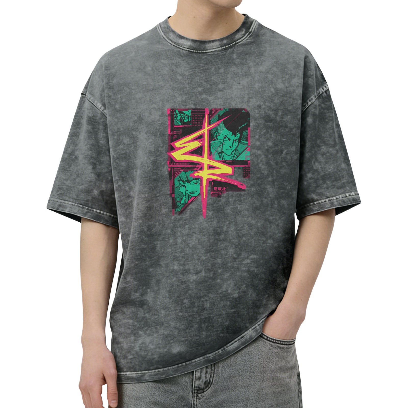 Cyberpunk Anime Graphic Acid Wash Oversized T-Shirt