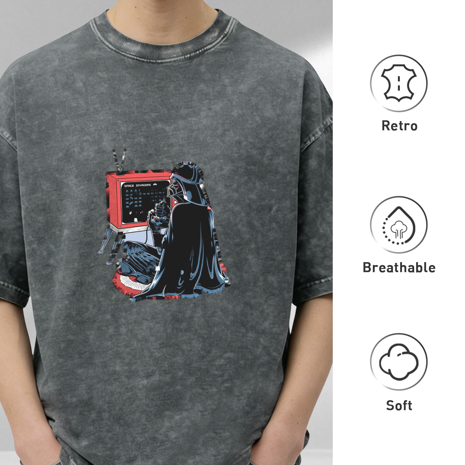 Vintage Washed Black T-Shirt with Darth Vader Retro Computer Graphic Print