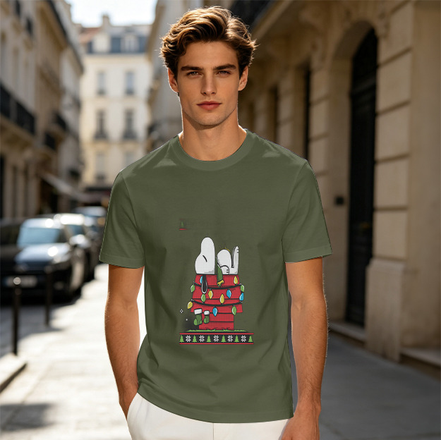 Olive T-Shirt with Snoopy Christmas Doghouse Design