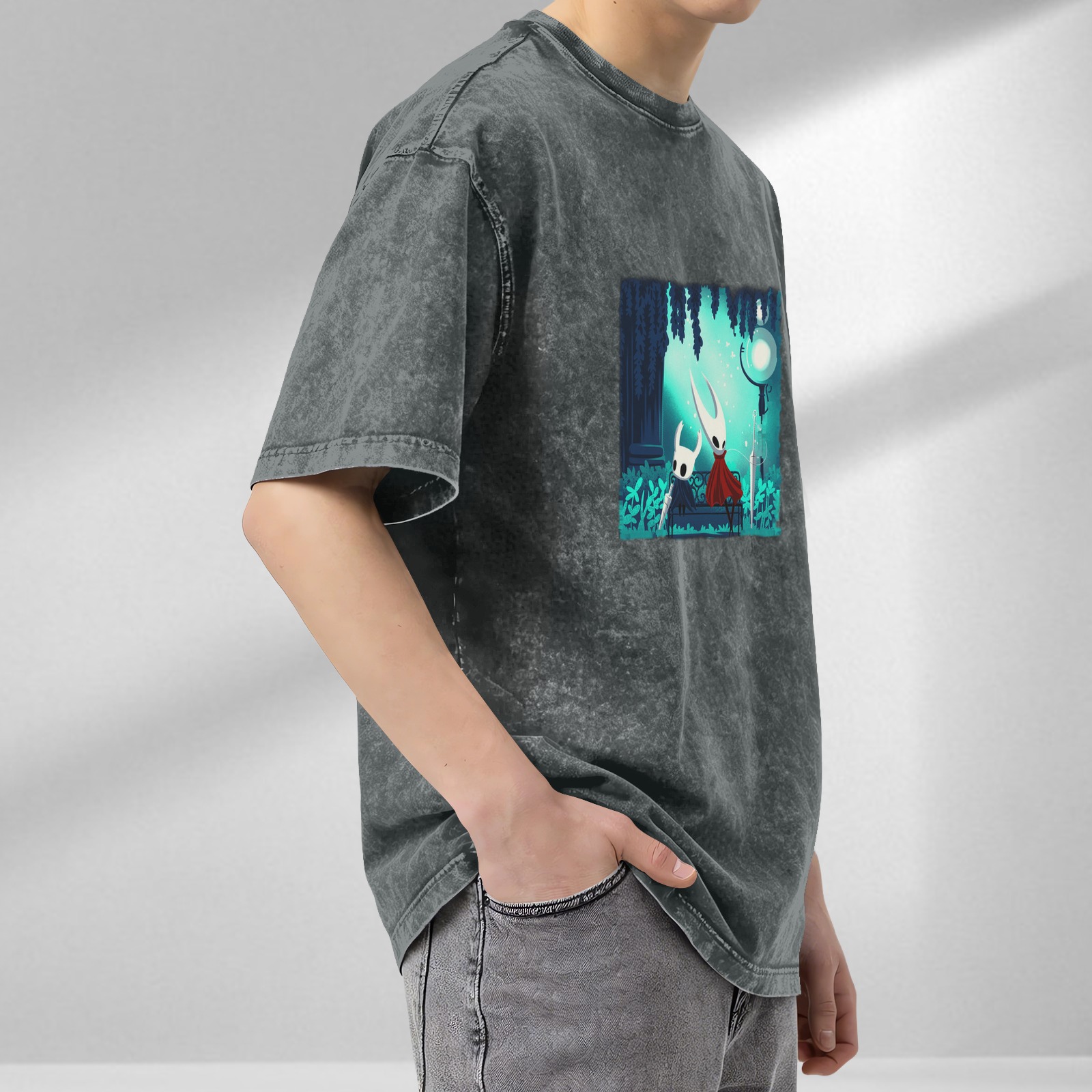 Hollow Knight Themed Dark Wash Graphic T-Shirt