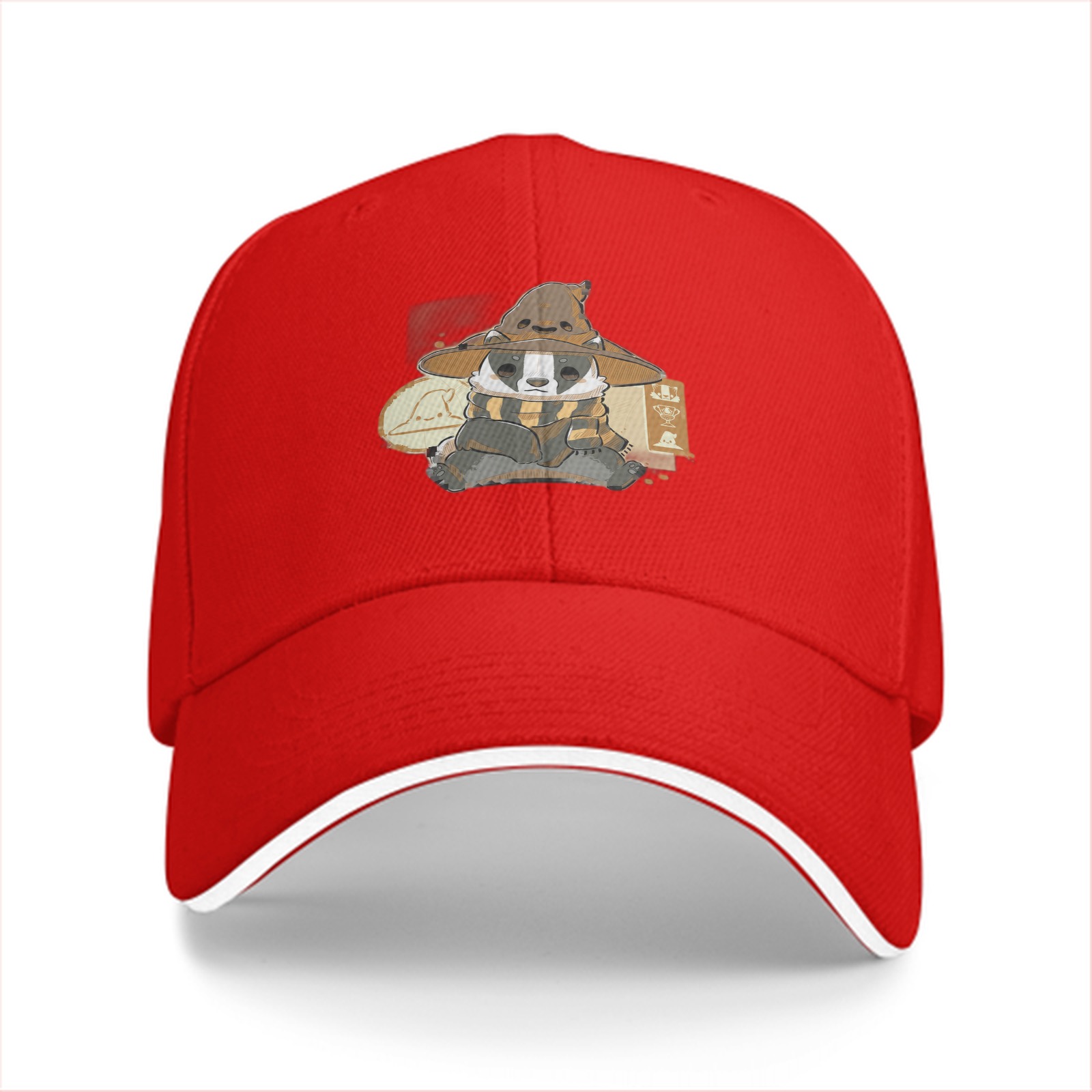 Black baseball cap with Hufflepuff badger wizard design