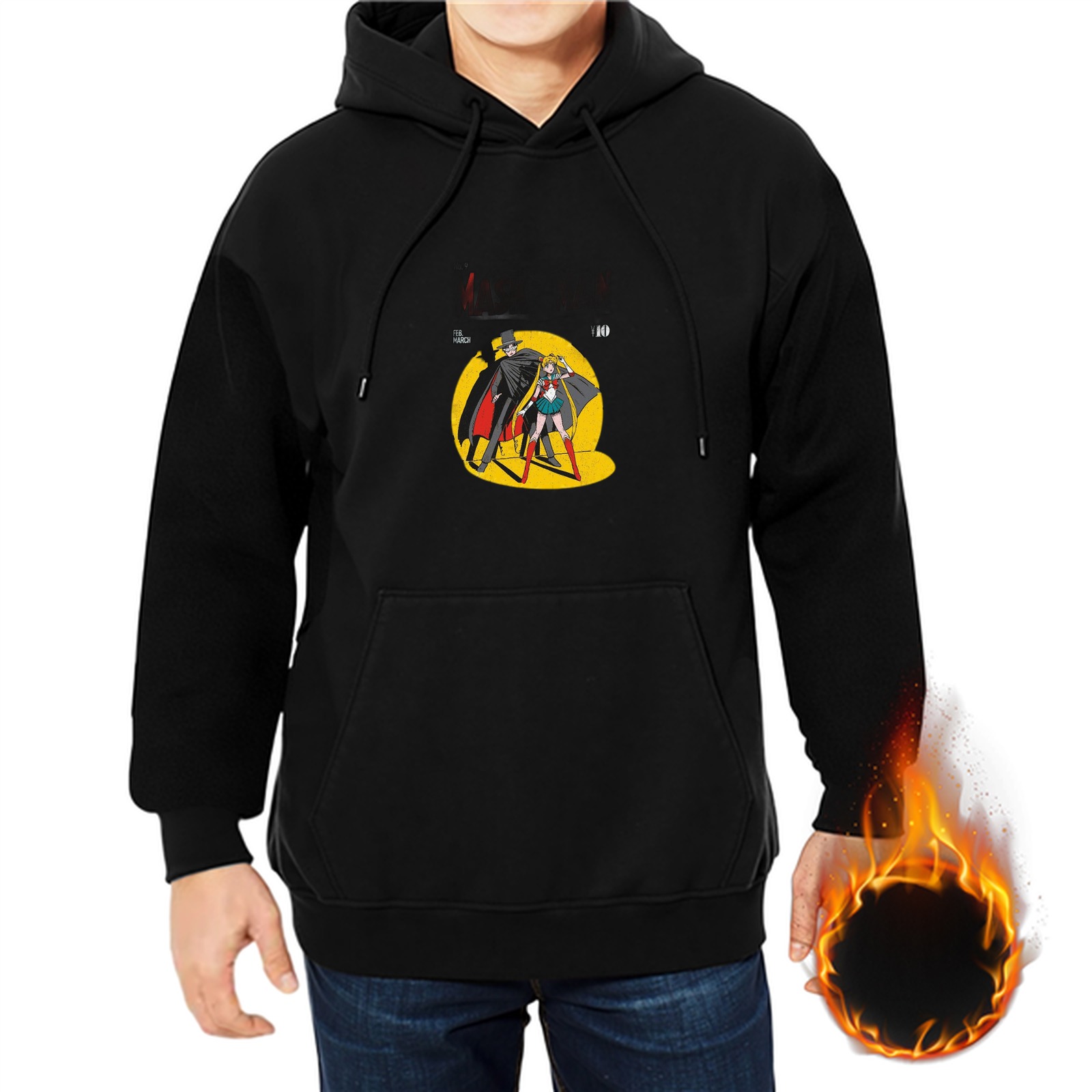Black hoodie with anime-style masked characters graphic