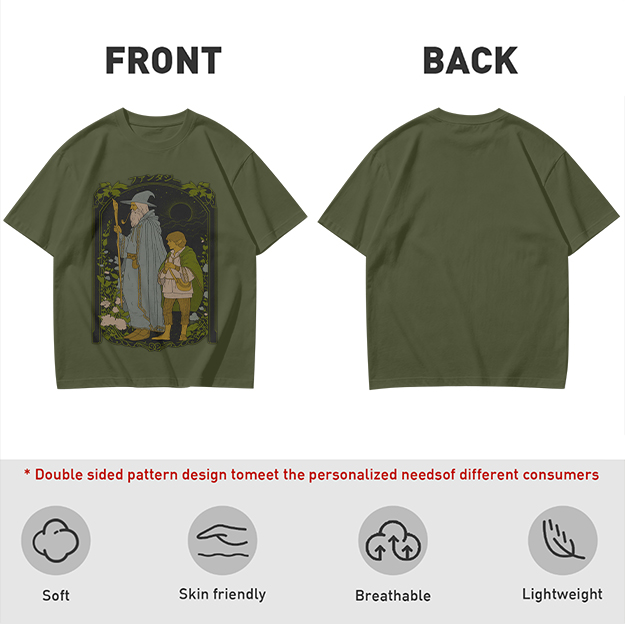 Olive T-Shirt with Wizard and Hobbit Fantasy Art Print