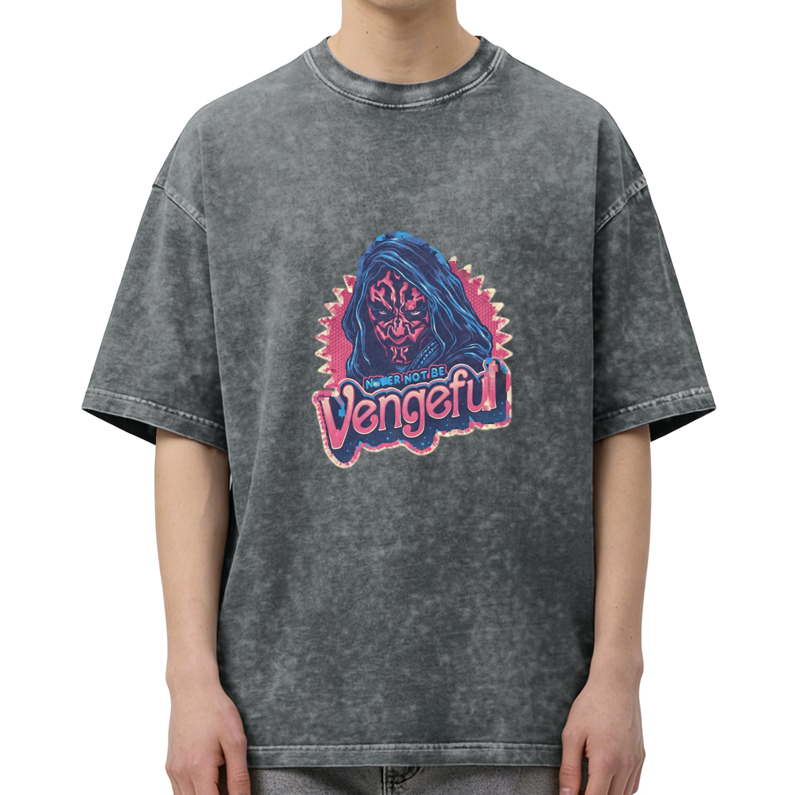 Oversized Acid Wash T-Shirt With Vengeful Dark Hooded Character Print