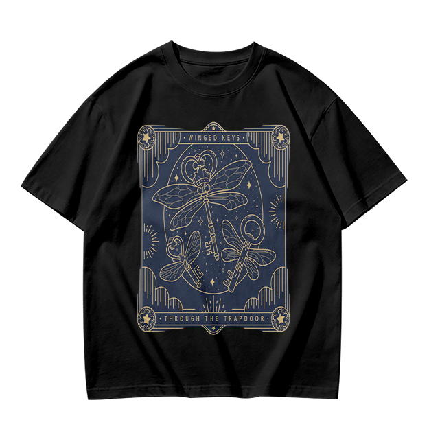 Olive t-shirt with winged keys tarot-style graphic design
