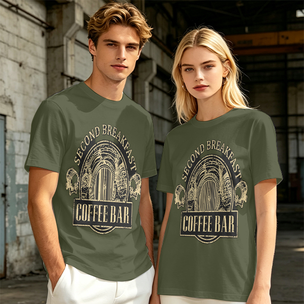 Olive Green T-Shirt with Second Breakfast Coffee Bar Graphic