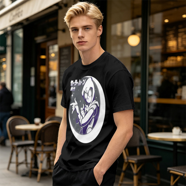 Olive T-shirt with Moon Warrior Anime Graphic Print