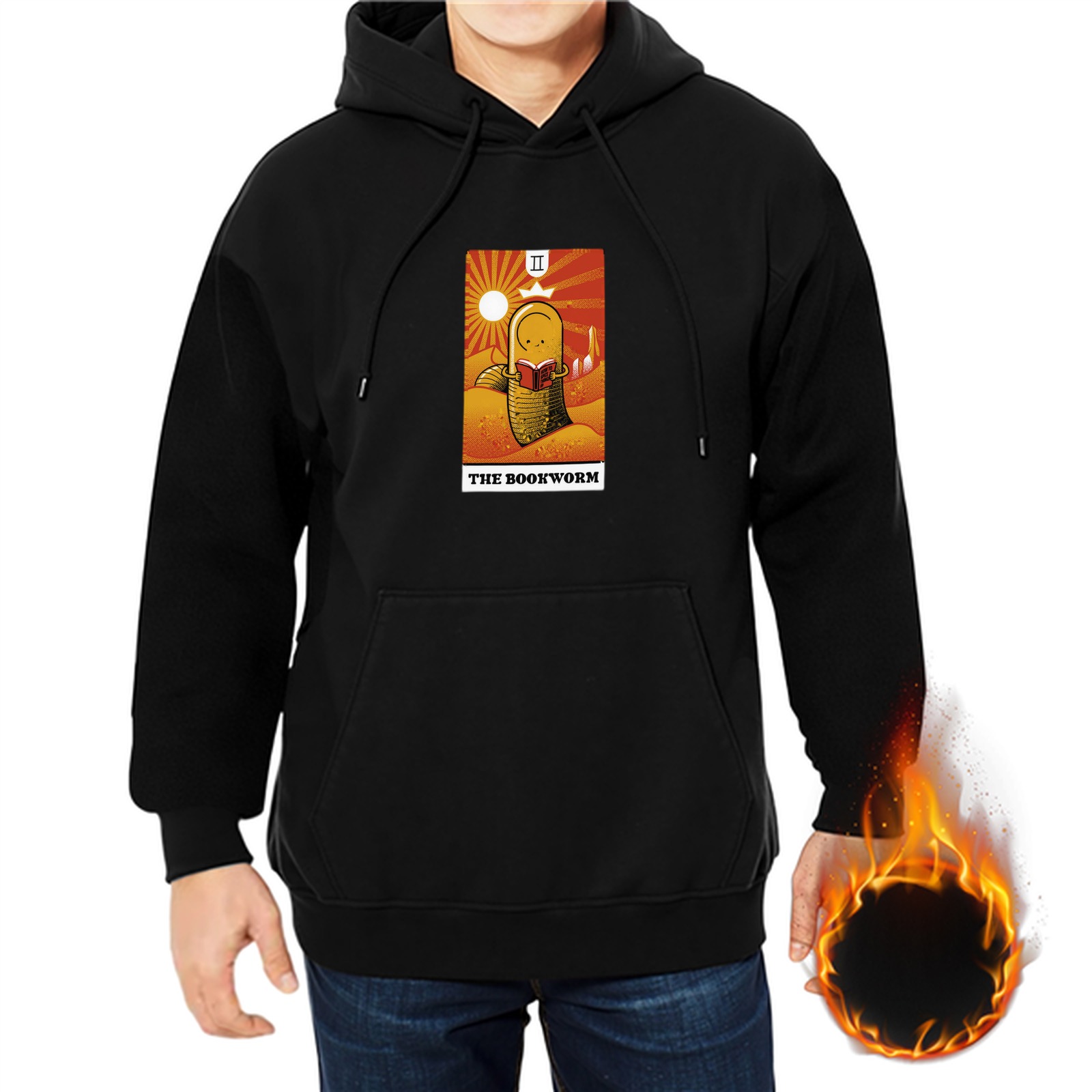 Black hoodie with The Bookworm tarot-style graphic print