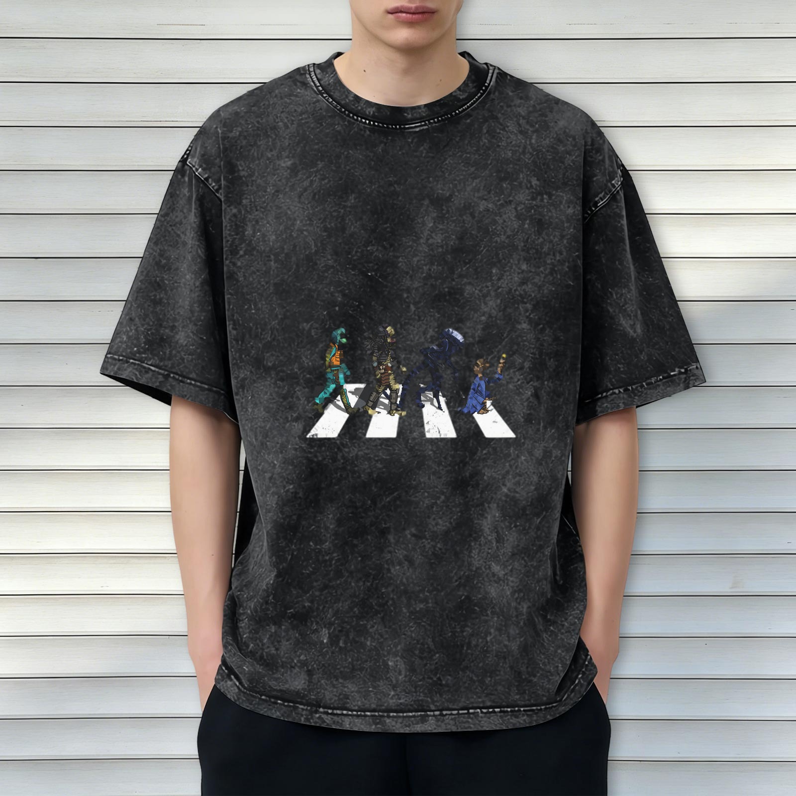 Oversized Acid Wash T-Shirt With Crosswalk Character Art Print