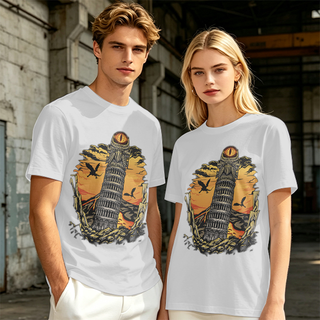 Ominous tower with eye and flying creatures graphic t-shirt