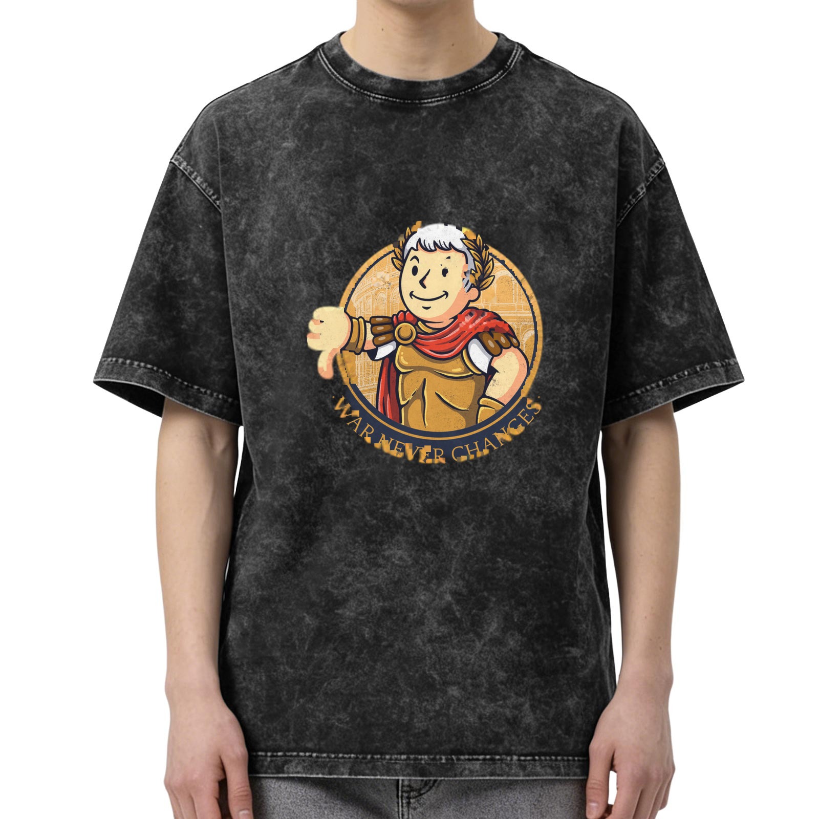 Washed Black T-Shirt with Roman Caesar Vault Boy 'War Never Changes' Graphic