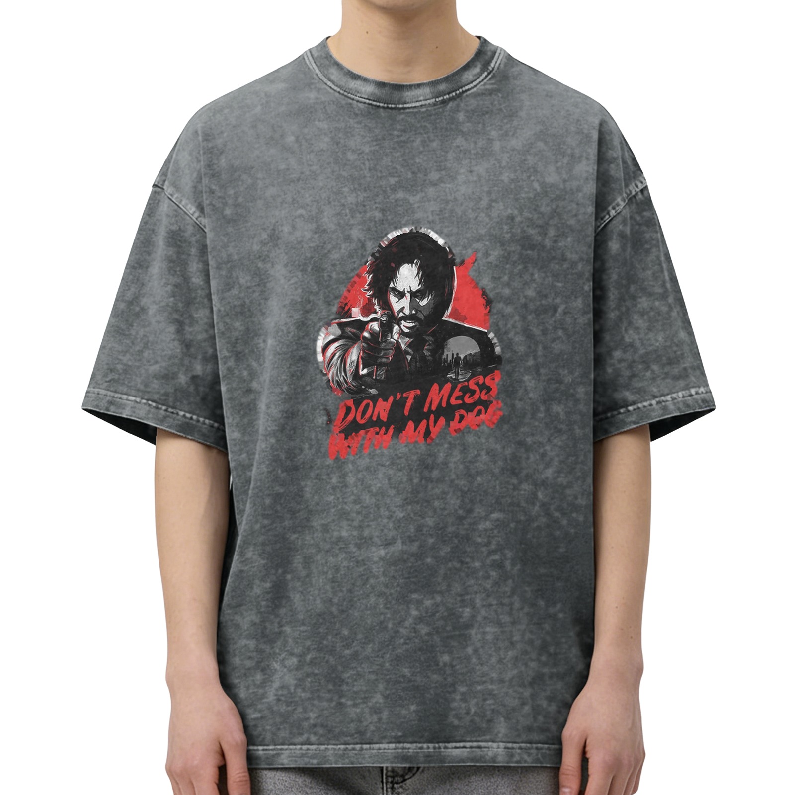 John Wick themed distressed washed black short-sleeved T-shirt Fun slogan 