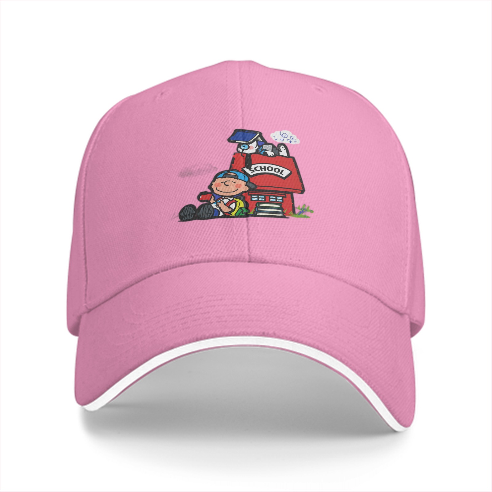 Black Baseball Cap With School Themed Cartoon Print