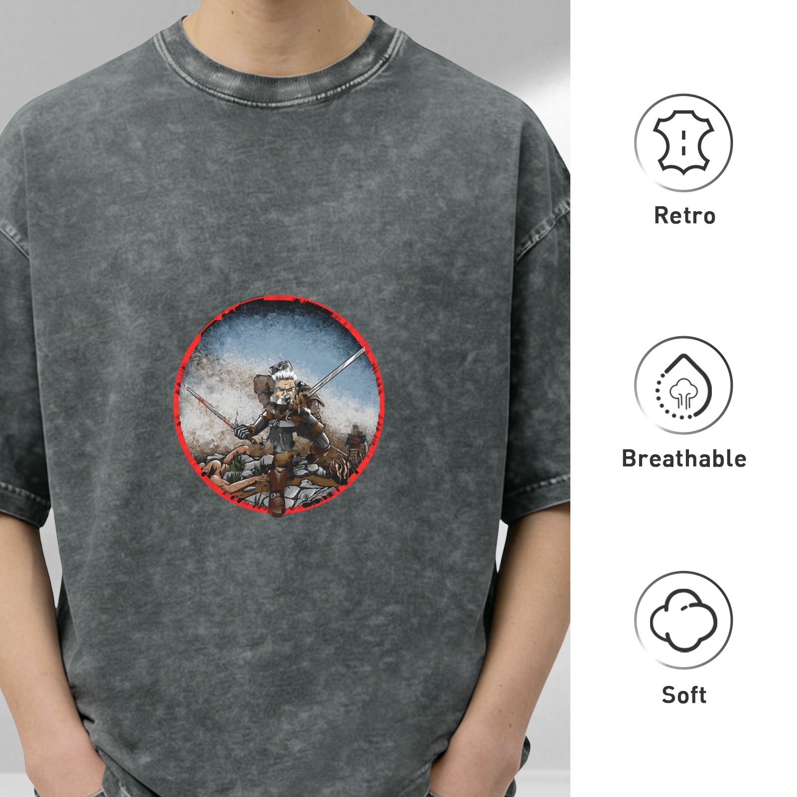 Oversized dark washed t-shirt with warrior in red circle graphic