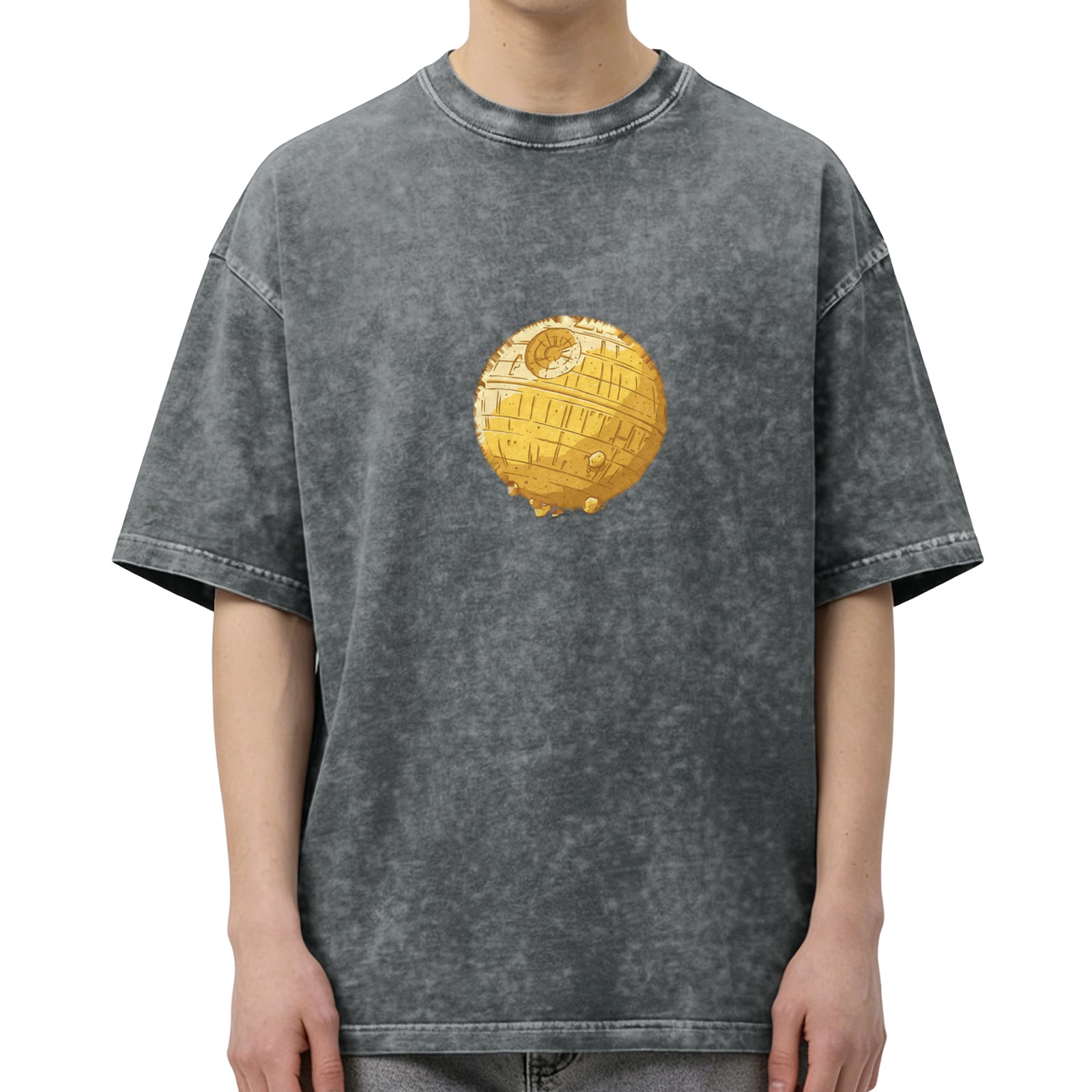 Oversized Stonewashed T-Shirt With Golden Death Star Print