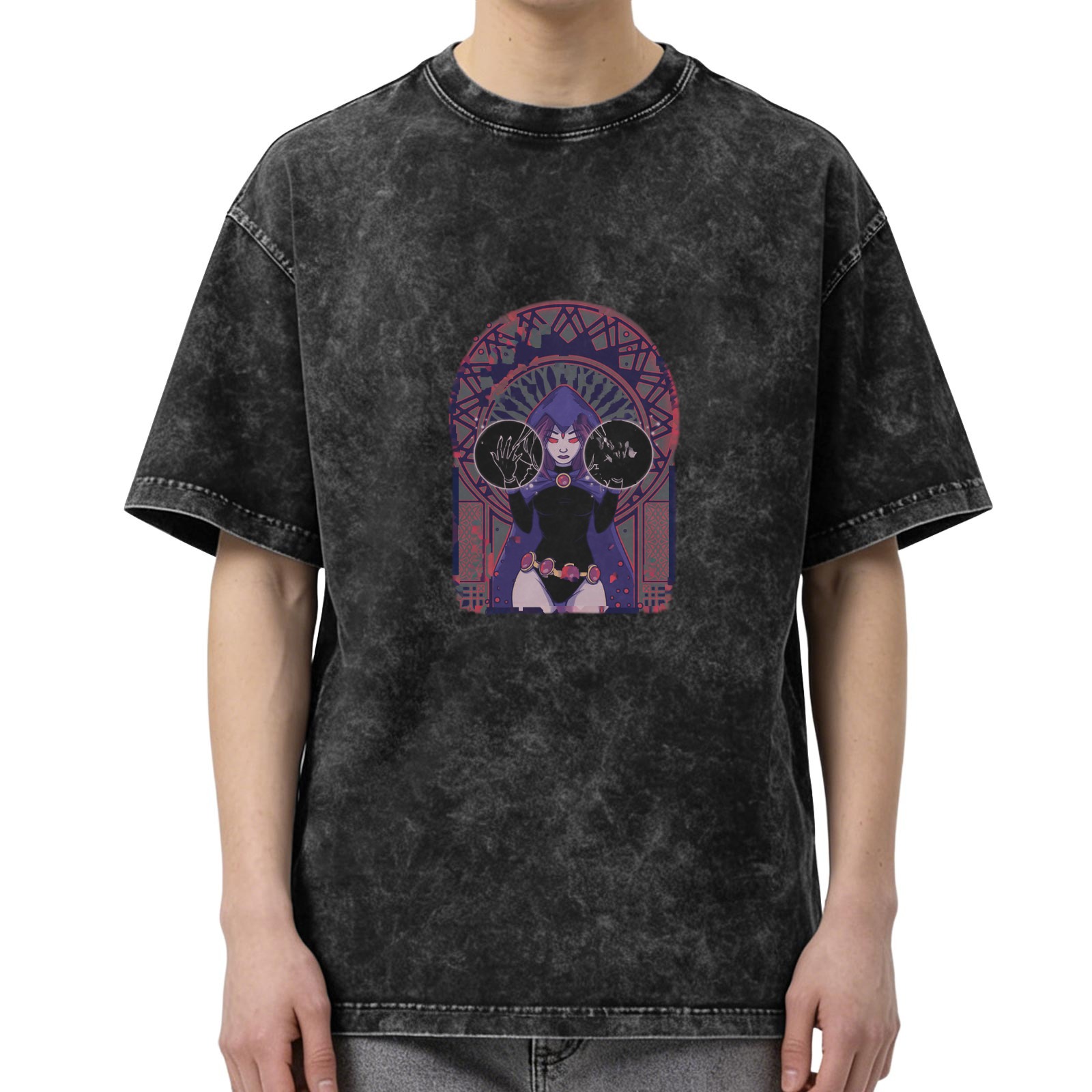 Distressed washed black loose short-sleeved T-shirt Anime character print on the chest Casual crew neck top