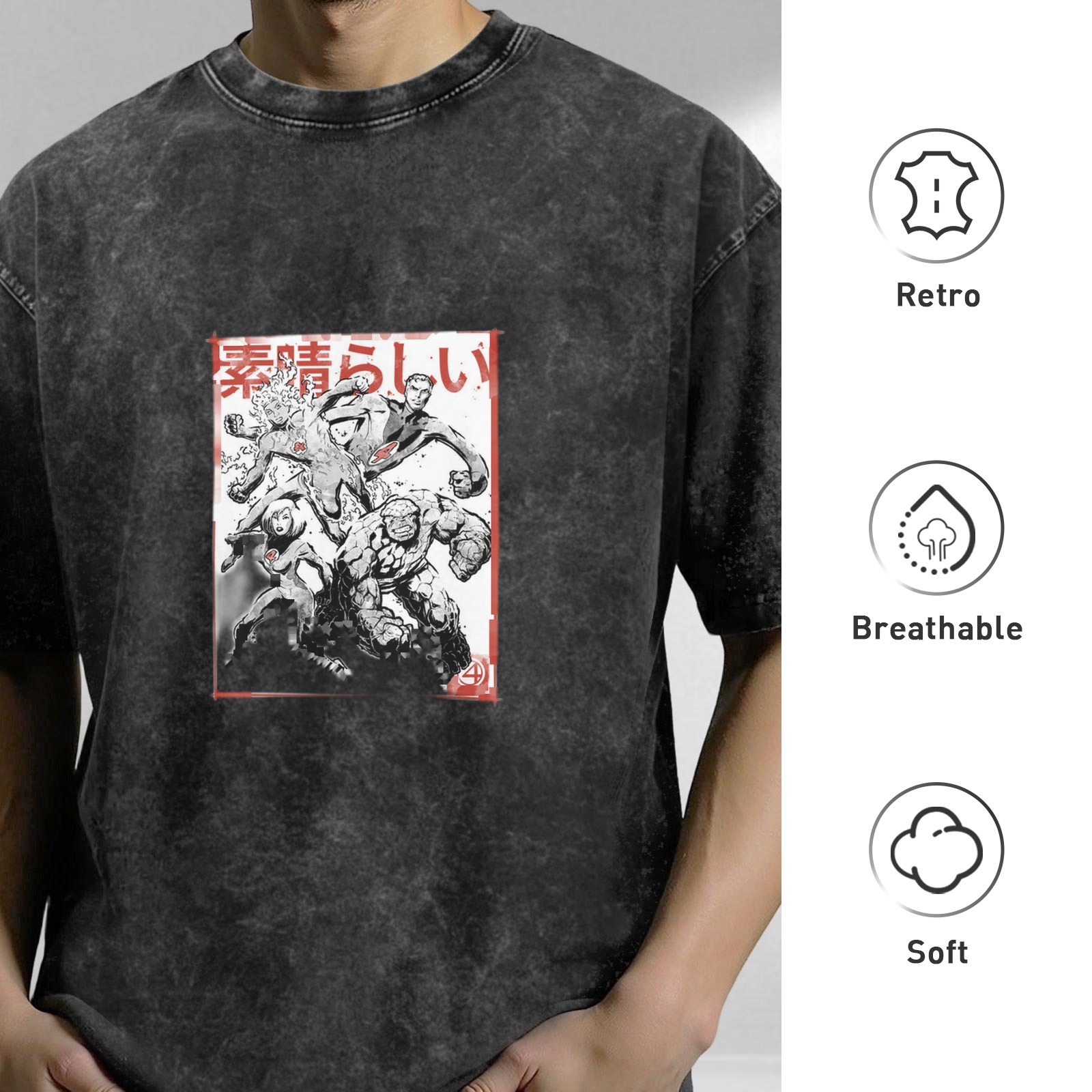 Oversized faded graphic t-shirt with manga-style superhero artwork