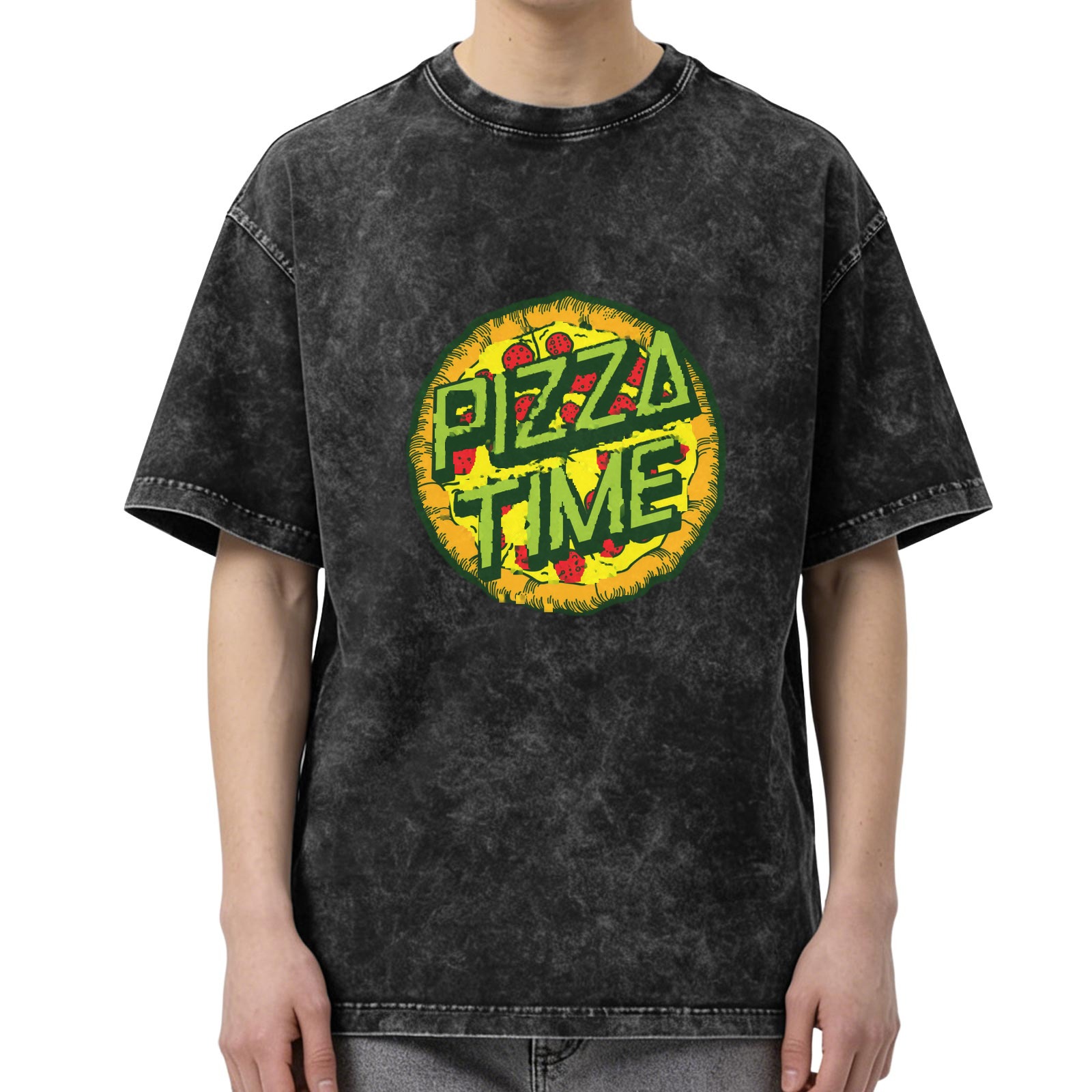 oversized acid wash t-shirt with pizza time graphic print