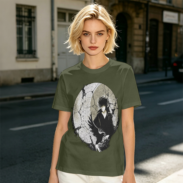 Olive T-shirt with Dark Anime Character and Raven Print