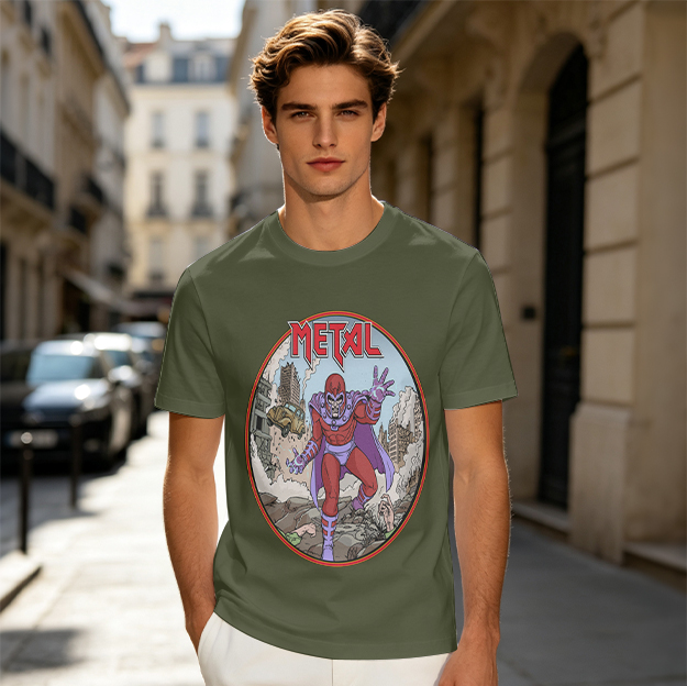 Olive T-shirt with Magneto Metal Comic Art Print