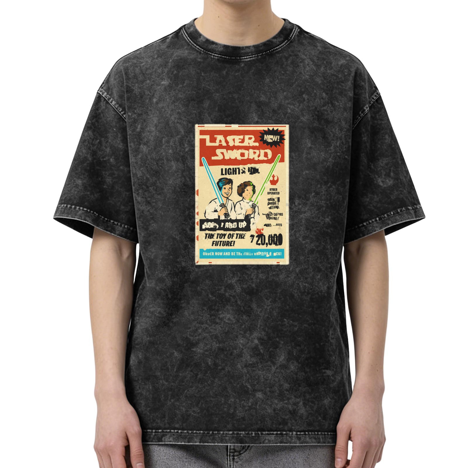 Oversized Acid Wash T-Shirt with Vintage Laser Sword Graphic