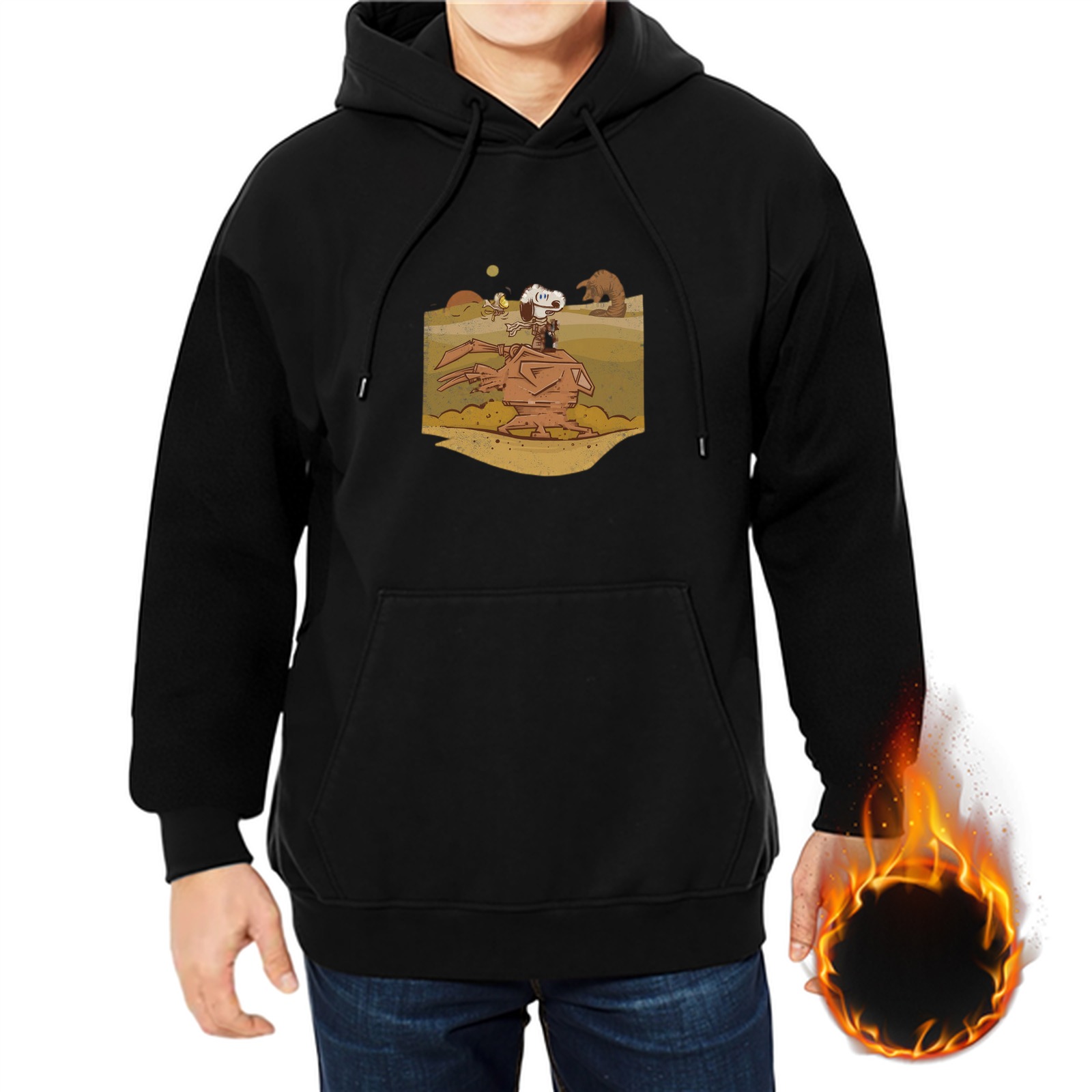 Black hoodie with desert sci-fi dog riding walker graphic