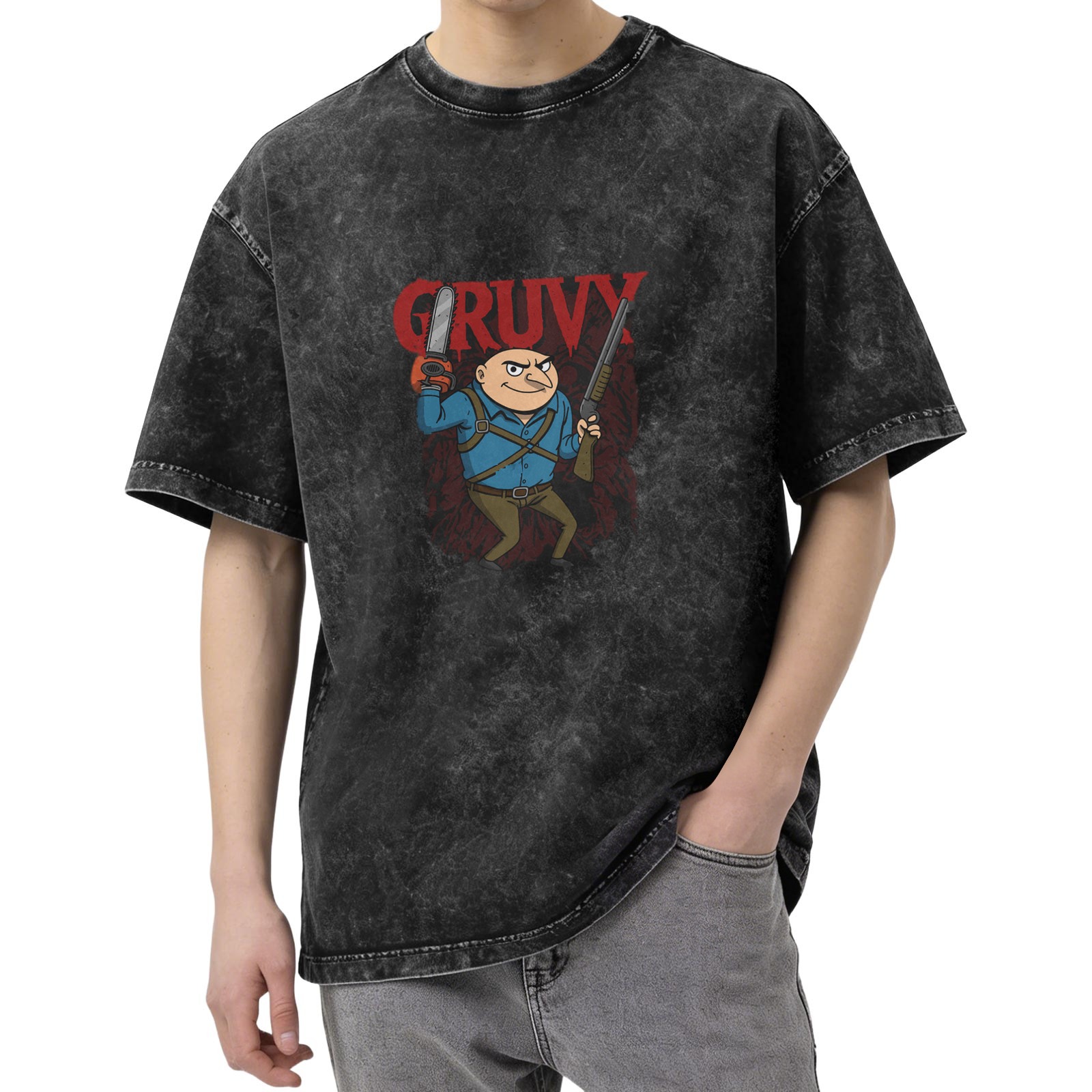 Washed Black T-Shirt With Gruvy Chainsaw Gun Cartoon Print