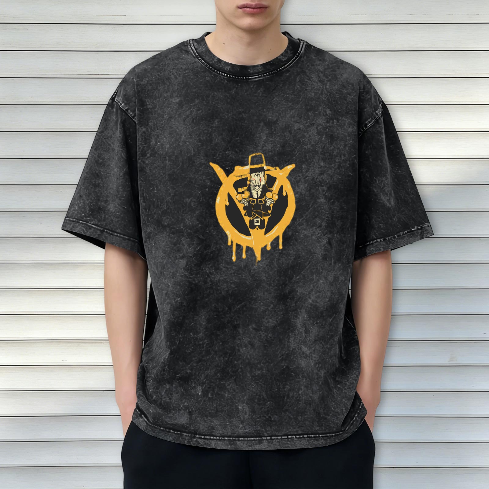 Washed Black T-Shirt With Graffiti Style Pilgrim Graphic
