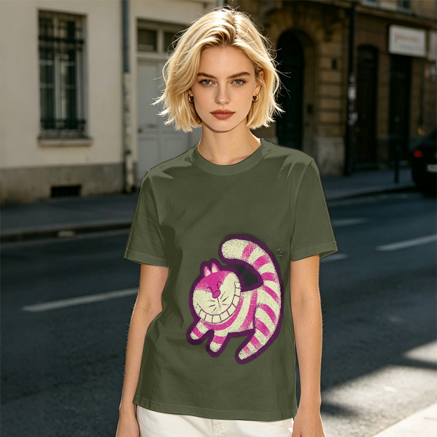 Olive T-Shirt with Cheshire Cat Graphic Print